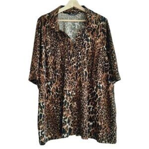 PENNINGTONS Leopard Button Down Stretchy Blouse Ruffle Animal Print Sz 4X